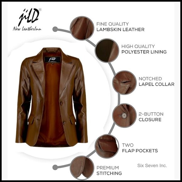 Lambskin Leather Blazer Jacket Women Long Sleeves Notched Lapel - Picture 5 of 7